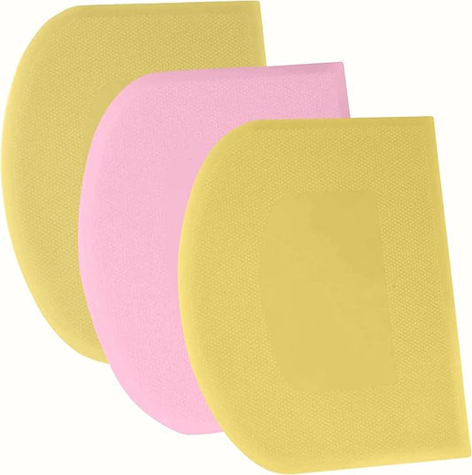 SURDOCA Dough Scraper Bench Scraper - 3P 9.5x6.1" Plastic Flexible Bowl Scraper, Sharp Edge & Angles Cake Scraper. Non-Slip Bakeware Decorating Tools Sculpting & Modeling Tools - Yellow+Pink+Yellow