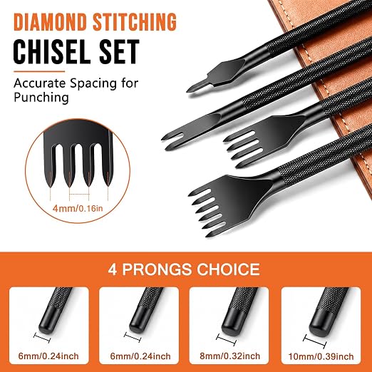 XOOL Leather Punch & Stitching Chisel Kit, Diamond Chisels & Hollow Hole Punch Set, 1–5mm & 4mm Prong Spacing, for Belt, Watch Strap & DIY Leather