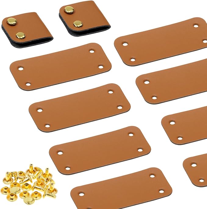 ONLYKXY Brown PU Leather Handmade Tag with Rivet Button for Knits,Rectangle Universal Blank Label Cute Repair Patch Soft Crochet Tape with Holes for DIY Clothing,Sewing Stamping,Keychain (10)