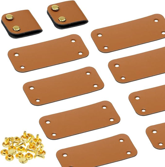 ONLYKXY Brown PU Leather Handmade Tag with Rivet Button for Knits,Rectangle Universal Blank Label Cute Repair Patch Soft Crochet Tape with Holes for DIY Clothing,Sewing Stamping,Keychain (10)