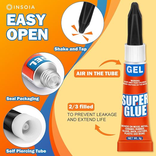 Super Glue Gel Clear Non-Drip, 24 X 3g All Purpose Strong Adhesive Ca Glue Quick Dry Instant Glue for Plastic, Metal, Ceramic, Shoe, Wood, Leather, Model, Aquarium, Rhinestone, Jewelry and DIY Crafts