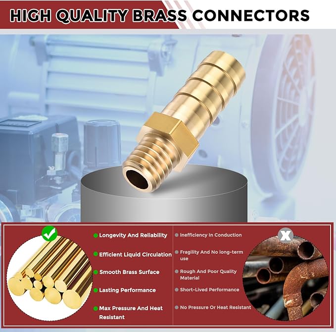 Pack of 6 Brass Hose Barb Fittings Adapter Connector 8mm Hose Barb to M8x1.25 Male Fittings for Home Machines, Massage Bathtubs, and Irrigation Systems