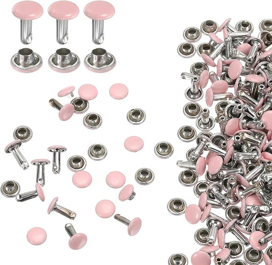 HARFINGTON 100 Sets Double Cap Leather Rivets, 6x8mm Round Cap Tubular Metal Studs Leather Crafting Rivets for Fabric Belt Pet Collar Boot Bag Repair and Decoration, Pink