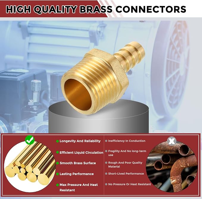 Pack of 1 Brass Hose Barb Fittings 3/8" Hose Barb to 1/2" NPT Male Fittings