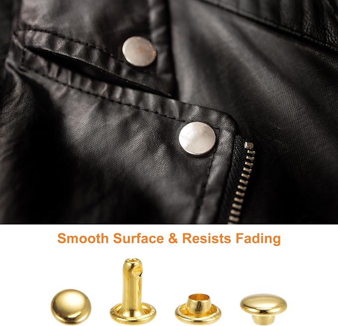 HARFINGTON 100 Sets Leather Rivets 10 x 10mm Metal Double Cap Rivet Snaps Studs Fasteners with 3pcs Setting Tools Rivets for Leather Craft DIY Repair Decoration, Gold Tone