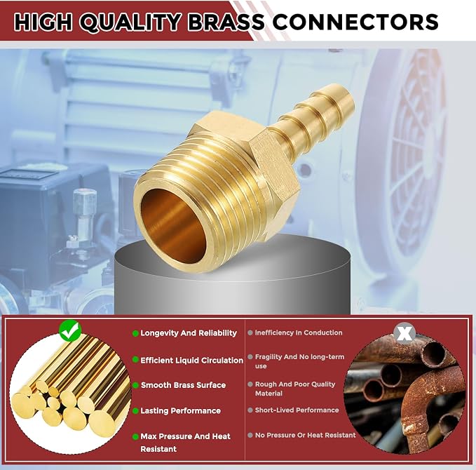 Pack of 3 Brass Hose Barb Fittings Adapter Connector 1/4" Hose Barb to 3/8" NPT Male Fittings for Home Machines, Massage Bathtubs, and Irrigation Systems
