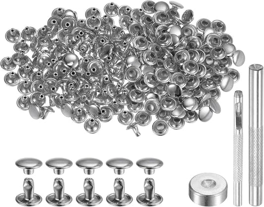 HARFINGTON 100 Sets Leather Rivets 6 x 8mm Metal Double Cap Rivet Snaps Studs Fasteners with 3pcs Setting Tools for Leather Craft DIY Repair Decoration, Silver Tone