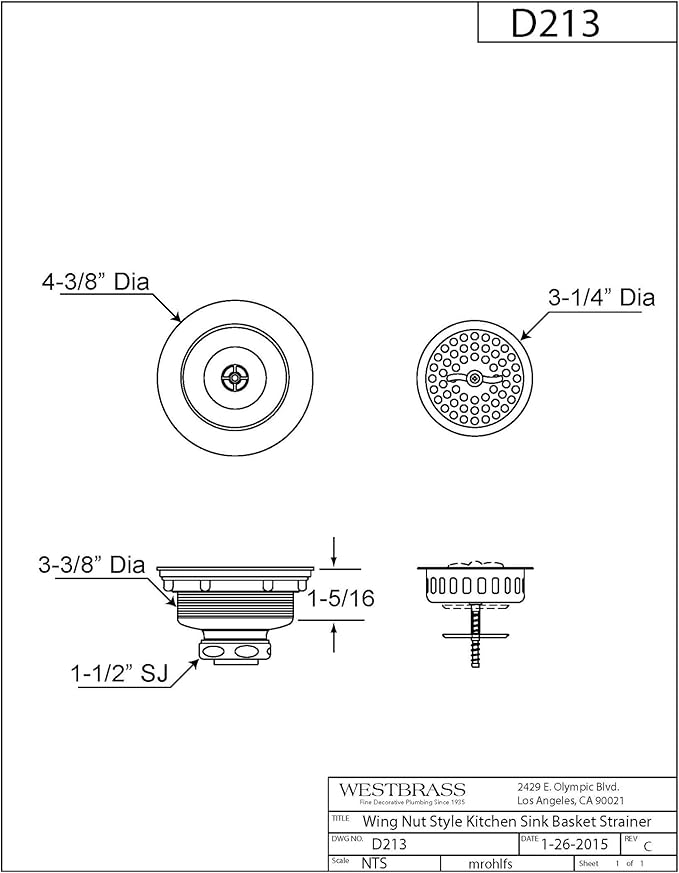 Westbrass D213-12 3-1/2" Wing Nut Twist Style Large Kitchen Sink Basket Strainer, Oil Rubbed Bronze