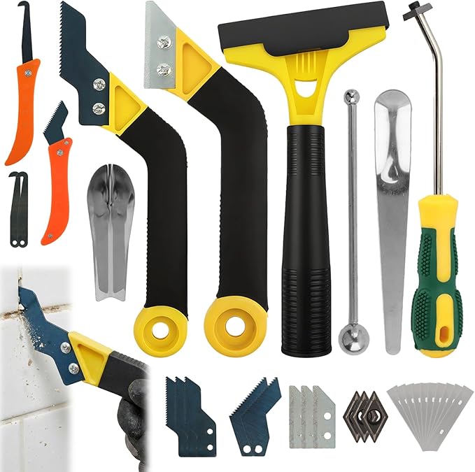 Grout Removal Tool Kit 37 Pack, Hand Grout Saw and Scraper Set with Replaceable Heads and 20 Extra Blades, Caulk Remover for Bathroom Shower Floor Tile Cleaning Repair