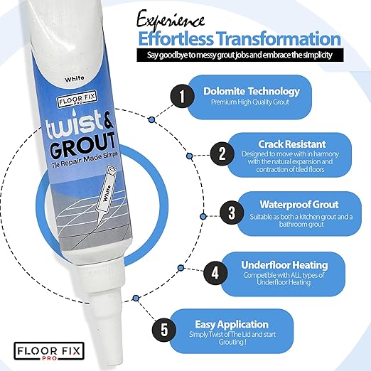 Floor-Fix Pro Twist & Grout Repair Kit – Premixed Waterproof Grout Repair & Grout Paint Pen Alternative – Fast Tile Grout Reviver for Bathroom, Shower & Kitchen – Crack-Resistant (White, 8.8 Fl Oz)