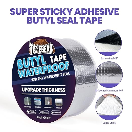 TAPEBEAR Extra Thicker Butyl Tape Waterproof 2inch x16feet, 51mil Aluminum Butyl Sealant Tape, Duct Sealing Adhesive for RV Roof Repair, Boat and Pipe Sealing, Metal, Glass & EDPM Roof Leak Patching