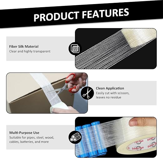 3 Pack Transparent Reinforced Fiberglass Tape – 2 Inch x 30 Yards, 5.5 Mil Filament Strapping Tape, Adhesive Heavy Duty