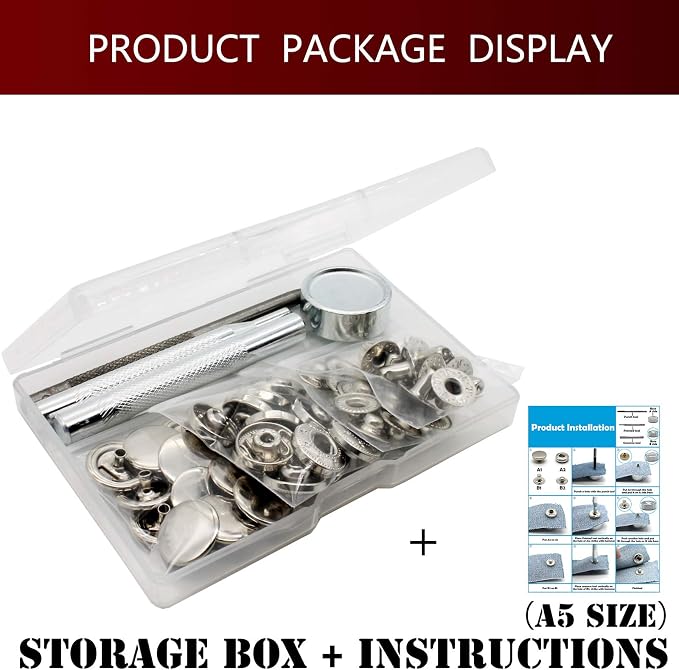 Raydodo 12 Set Leather Snap Fasteners Kit, 15mm Metal Snap Buttons Kit Press Studs with 4 Install Tools, Rivets and Snaps for Clothing, Jeans, Jackets, Bracelets, Bags (Silver)