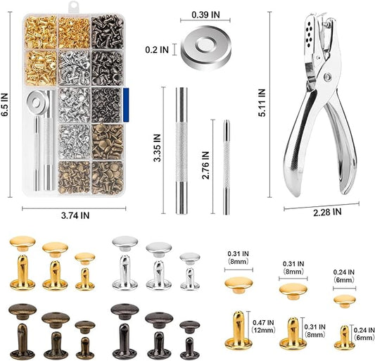480 Sets Rivets for Leather, 4 Colors 3 Sizes Leather Rivets Kit, Double Cap Rivet with 4 Setting Tools, Suitable for Bags, Decoration