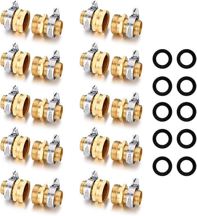 SIGURANTA Garden Hose Repair Connector with Clamps Hose End Repair Kit,3/4" Barb Garden Hose Fittings Male and Female brass garden hose ends (3/4"Barb-10 Set)