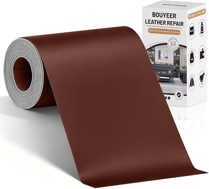 BOUYEER Leather Repair Patch Tape Kit,Self Adhesive Leather Repair for Sofa，Car Seat,Office Chair,Furniture,Jacket,Waterproof Strong Adhesive Vinyl Repair Kit. 4 in x 79 in,Fine Grained Brown