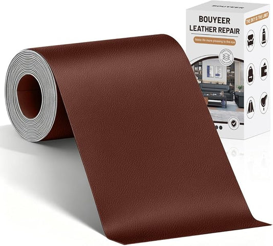 BOUYEER Leather Repair Patch Tape Kit,Self Adhesive Leather Repair for Sofa，Car Seat,Office Chair,Furniture,Jacket,Waterproof Strong Adhesive Vinyl Repair Kit. 4 in x 79 in,Fine Grained Brown