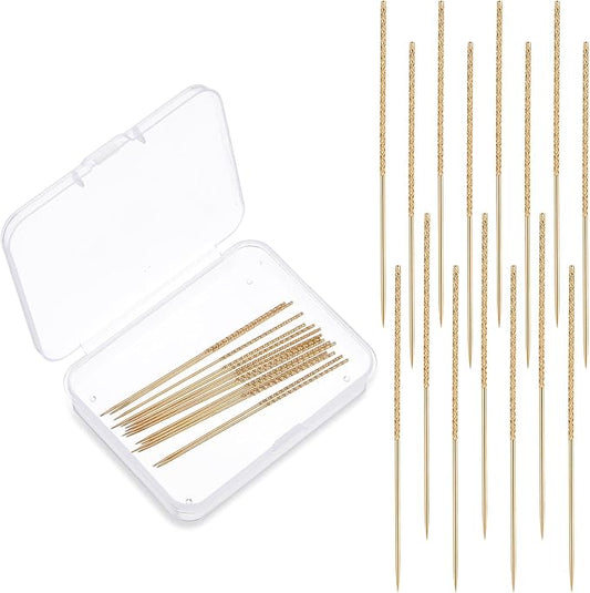 15Pcs Snag Nab It Tool 2.36 x 0.03 Inch Snag Repair Needle Tool with Case, Leather Stitching Needles Sharps for Woven Knitted Cloth Garments Drapes(Gold)