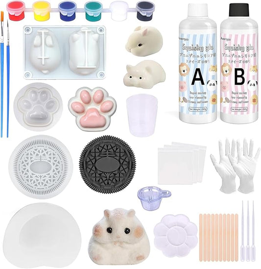 Anergoo Taba Squishes Kit 500g with Pig Bunny Silicone Mold Cookie Mold Squishy Hamster Mold 3" Paw Animal Silicone Molds for Decompression Gift
