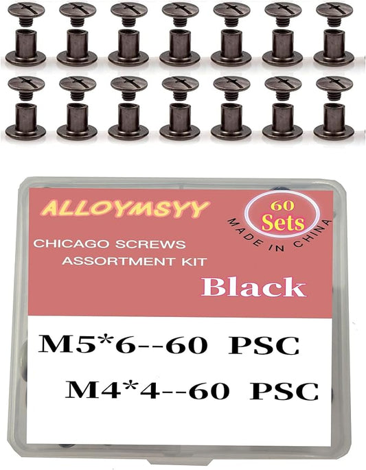 60 Sets M5*6mm Gun Black Leather Rivets Screws Rivets Chicago Binding Screws Adjust and Repair Leather Craft Belts, Bags, Shoes, Purse Bindings