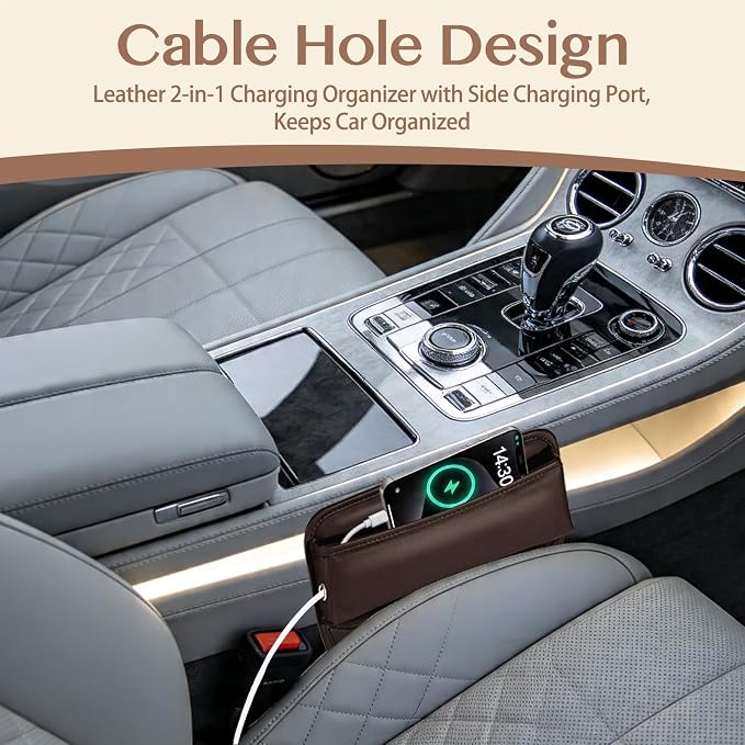 Car Seat Gap Filler with Cable Holes PU Leather Brown 2-Pack | Car seat gap filler for 0.5 to 1.2 inch gaps with cable routing holes anti slip padded base phone wallet keys PU leather