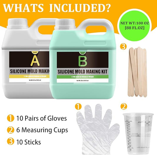 Silicone Molds Making Kit 100oz, Super Elastic 15A Silicone Rubber for DIY Mold Making, Silicone 1:1 Mixing Ratio Fast Curing Green Silicone Mold Kit for Casting Resin Molds/Candle Molds/Soap Molds