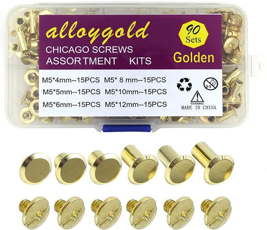 90 Sets M5 Gold Chicago Screws Leather Assorted Kit ，6 Sizes of Screw Rivets for Leather Rivet for DIY Leather Craft and Bookbinding (M5 X 4, 5, 6, 8, 10, 12)