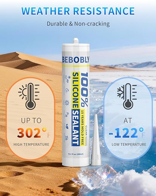 Silicone Caulk & Sealant Clear, 100% Waterproof Silicone Sealant, Shrink & Crack Proof, Silicone Caulking for Kitchen, Bathroom, RV, Interior & Exterior Use, 10.2 FL. OZ/300ML, 4 Pack