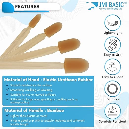 JMIBASIC Grout Caulk Finishing Tool - Assorted 4 Size Sets - Smooth Grout Sealant Silicone Caulking Tool - Rubber Spatula Spreader - Grout Sealer Applicator - Ergonomic Handle Grip (Wood)