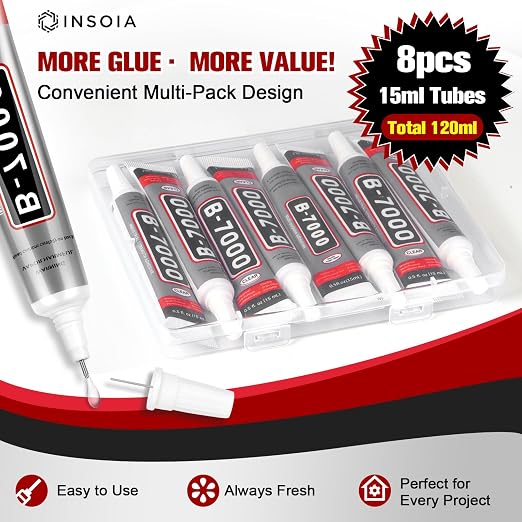 8 PCS 15ml B7000 Rhinestone Glue Clear – Super Glues for Bedazzling with Precision Tip, Quick Dry No Trace Flexible Adhesive for Jewelry Making, Nail Art, Fabric, Shoe, DIY Craft & Phone Repair