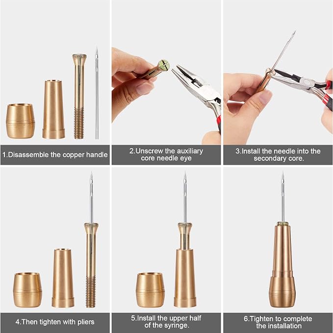 WILLBOND 6 Pieces Leather Sewing Awl Needle with Copper Handle, Upholstery Repair Kit 50 M Nylon Cord Thread and 2 Pieces Thimble for Handmade Leather Sewing Tools Shoes and Repair