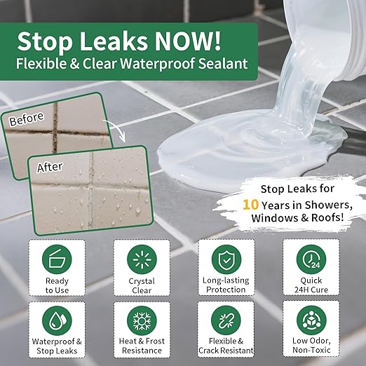 Invisible Waterproof Sealant (34 fl oz), Clear Leak Repair Paint with Brush, Easy DIY Anti-Leakage Agent for Window Sills, Bathrooms, Roofs & Exterior Walls