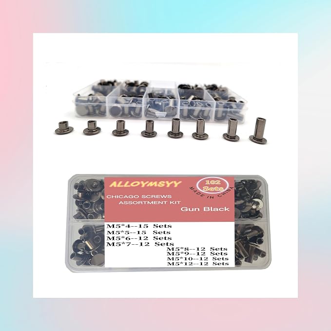 102 Sets Black Leather Rivets Set Screws Rivets M5 Chicago Binding Screws Adjust and Repair Leather Craft Belts, Bags, Shoes, Purse Bindings (M5 * 4.5.6.7.8.9.10.12).