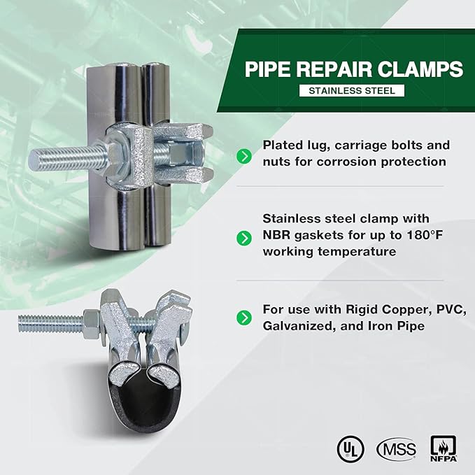 Highcraft Pipe Repair Clamp 1-1/4'', IPS Single Bolt, 3” Long, Stainless Steel (5 Pack)