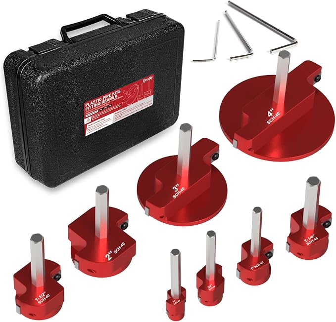 8-Piece PVC Pipe Reamer Kit - Qoobly Plastic Pipe Fitting Reamers for 1/2" Drills, Compatible with SCH40 PVC CPVC ABS Pipes - Reamer Sizes from 1/2" to 4" for Tubs Professional Pipes Repairs DIY Use