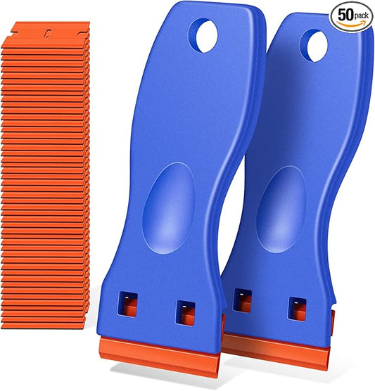 Plastic Razor Blade Scraper, 2 Pack Razor Scraper with 120 Pcs Razor Blades for Removing Glue, Sticker, Decals, Tint from Car Window and Glass(Blue)