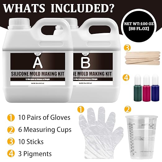 Silicone Mold Making Kit - 100oz Translucent Liquid Silicone Rubber with 3 Color Pigments, 1:1 Mixing for Mold Making, Fast Curing Molding Casting Kit for Resin, Candle Molds, Soap Molds, DIY, Plaster