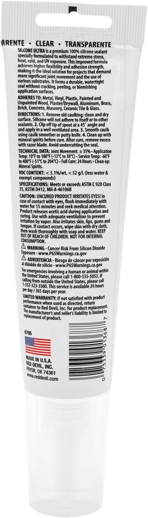 Red Devil 0795 Silicone Ultra 100% RTV Silicone Sealant, 2.8 oz. Tube, Clear, 12 Pack