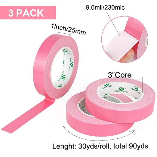 BOMEI PACK Heavy-Duty Duct Tape Pink, 1 inch by 30-Yards,3-Pack, Great for General-Purpose Use, Home Repairing, DIY Work, Auto Repair & Outdoor Activities