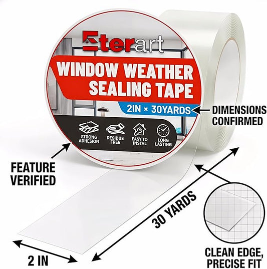 ETERART Transparent Weatherproof Seal Tape 2" x30Yds - Heavy Duty Waterproof Adhesive for Winter Drafts & Rain Leaks, No-Residue Weather Stripping for RVs, Windows, Doors & Renters