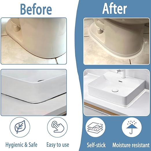 Caulk Tape Self Adhesive, 2 Rolls Waterproof Toilet Caulk Strip, Sealer Around Toilet Base, Traditional Caulking Replacement, Caulking Tape for Bathroom, Bathtub, Floor Wall Edge Protector (2)