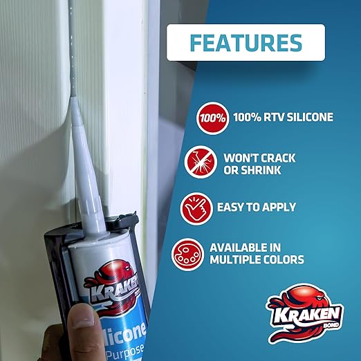 Kraken Bond White Silicone Sealant Waterproof% 100-10 fl oz Cartridge, RTV Silicone Caulk Kitchen and Bathroom, All Purpose, Window Caulking Sealant Outdoor, RV, Exterior Use Silicon - 2 Pack