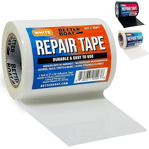 Better Boat Repair Tape for Fabric and Vinyl 30ft x 3in, White Waterproof Patch Tape for RV Awning Canvas Tent Tarp Sail Canopy Boat Cover, Heavy Duty
