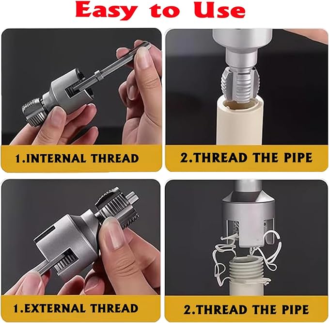 PVC Pipe Threader Kit, 3 Piece Set, 1/2", 3/4", 1" NPT, Internal and External Threading, Compatible with Electric Drill for PVC, PPR, MPP Pipes (1/2in+3/4in)