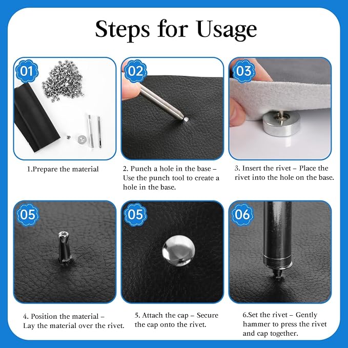 100 Sets Leather Rivets 8x8mm Double Cap Rivets Snaps Metal Studs Fasteners with 3pcs Setting Tools for Leather Craft DIY Repair Decoration, Silver Tone