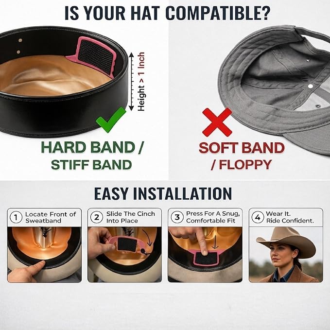 Cowboy Hat Retainer, Silicone Hat Size Reducer Rodeo | hard sweatband fit, leather band compatibility, hidden interior grip, wind control, felt and straw styles, rider accessory