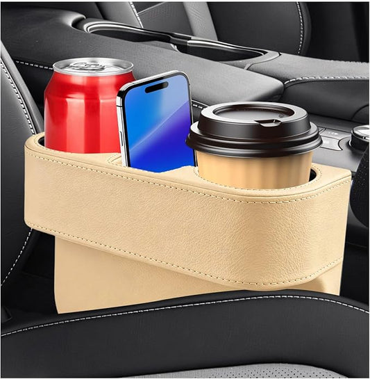 Car Cup Holder Gap Filler Organizer, Multifunctional Car Console Side Organizer with 2 Cup Holders, Leather Seat Gap Filler Portable Drink Holders Storage Box for Most Vehicles (Beige)