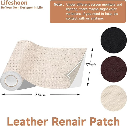 Lifeshoon Leather Repair Patch, 17X79 Inch Breathable Perforated Self Adhesive Leather Repair Tape, Large Vinyl Patch Kits for Couch, Furniture, Sofa, Car Seat, Office Chairs （Beige, 17X79 Inch）
