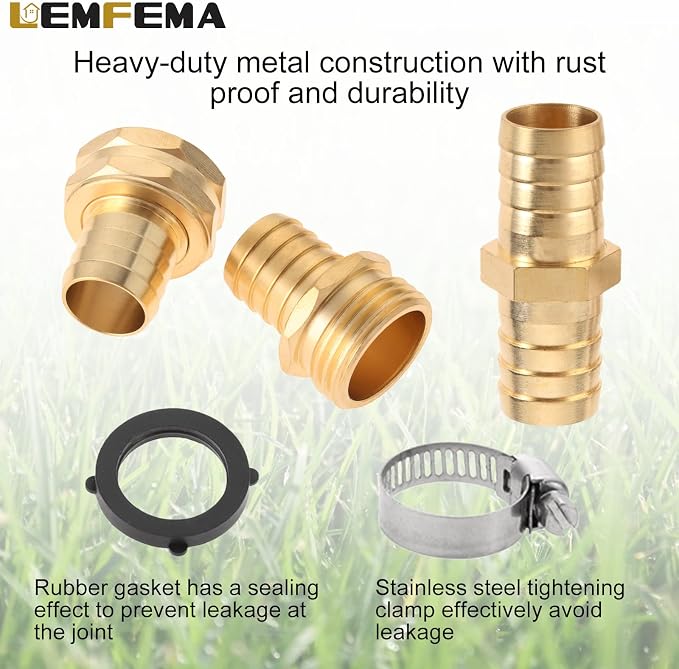 4 Sets 3/4 Inch Garden Hose Connector Solid Brass Repair Kit, Water Hose Mender Female and Male Water Hose Connector with Tape, Stainless Steel Clamp and Rubber Gasket