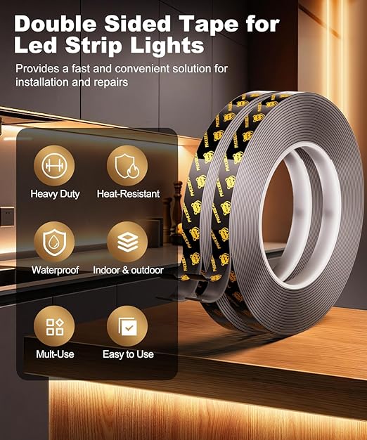 PHIXBEAR 2 Rolls Heavy Duty Double Sided Tape for Led Strip Lights, Automotive Trim, Garage, Home Decor, Indoor & Outdoor, 40Ft x 1/4" Heat Resistant Waterproof Super Strong Adhesive Mounting Tape